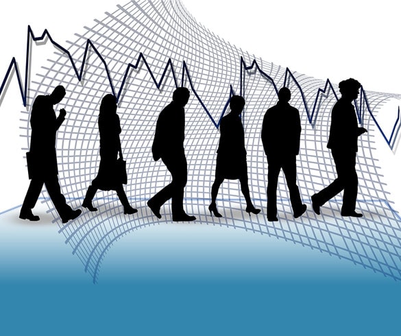 a group of professional human icons with a line graph background