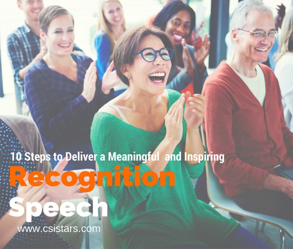 "10 steps to deliver a Meaningful and Inspiring and Recognition Speech " written with a picture background of sitting people who are clapping their hands