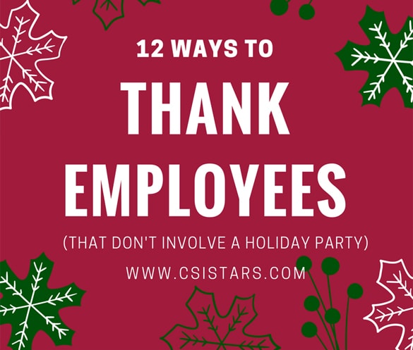 "12 ways to THANK EMPLOYEES (THAT DON'T INVOLVE A HOLIDAY PARTY)" written inside a christmas designed background