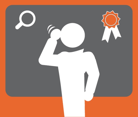 a human icon in an orange box with gray background standing while his right hand on its right, on his left is a white and orange medal and on its left is a search icon