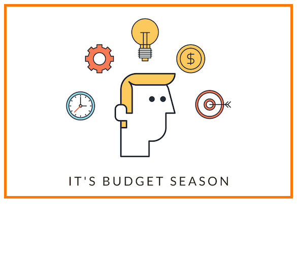 a human head icon with a clock, gear, bulb, dollar coin and a dart board encircling its head and a "It's Budget Season" written below