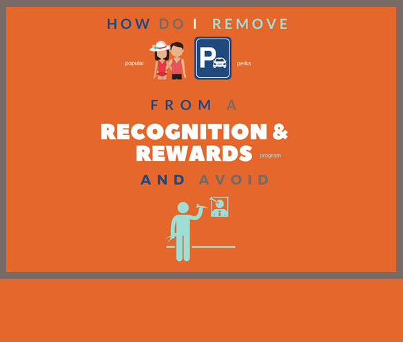 "HOW DO I REMOVE POPULAR PERKS FROM A RECOGNITION & REWARDS programs and AVOID" written in an orange box with human icons, parking sign icon and a human icon whose playing dart to a picture of a persons face