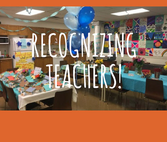 "Recognizing Teachers!" written with a picture of an office that have party decor