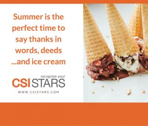 4 melting upside down ice cream with text "Summer is the perfect time to say thanks in words, deed...and ice cream" beside of it written