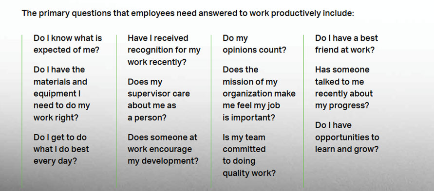 The primary questions that employees need answered to work productively include: